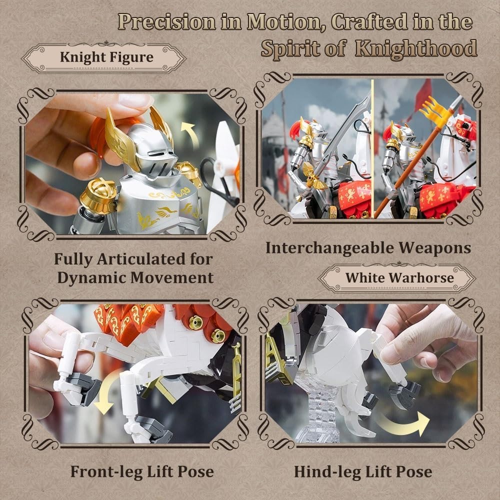 Medieval Knight Building Block Set with Armored Warhorse, Poseable, 12.2 Inches